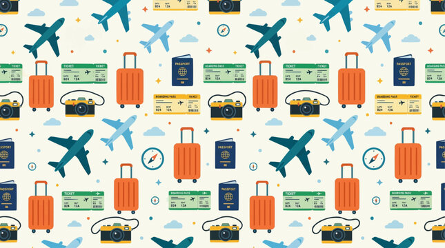 Seamless Travel Icon Pattern with Airplane, Luggage and Passport