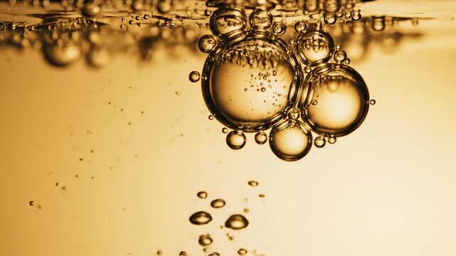 Bubbles in golden liquid ideal for sleek commercial backgrounds and title sequences