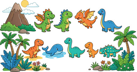 Cute Cartoon Dinosaur Collection With Volcano Palm Trees And Various Prehistoric Animals Vector Illustration © MdMojnu