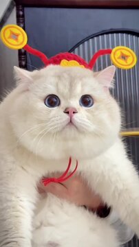 White cat wearing red and yellow devil horns looks at camera indoors