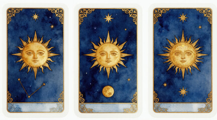Fototapeta premium Three celestial tarot cards feature sun faces. Dark blue watercolor background with stars and moon. Gold ornate borders suggest cosmic, mystical divination art.