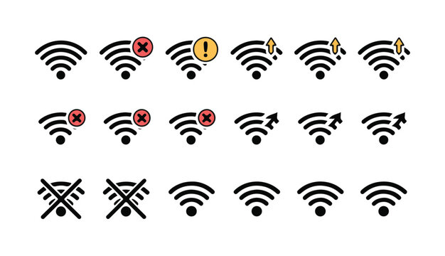 Wifi icon set with different connection status signals and internet network symbol vectors.