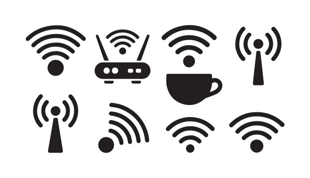 Wifi hotspot router and coffee shop internet connection symbol collection for web graphics.