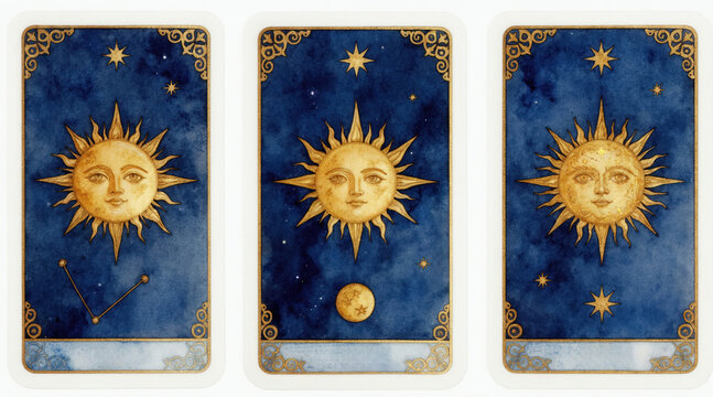 Three celestial tarot cards feature sun faces. Dark blue watercolor background with stars and moon. Gold ornate borders suggest cosmic, mystical divination art.