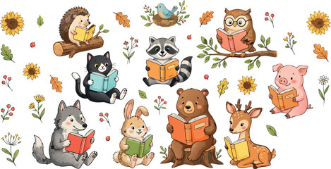 Cute Cartoon Forest Animals Reading Books Set Featuring Bear Wolf Rabbit Owl Raccoon And Deer On White Background © MdMojnu