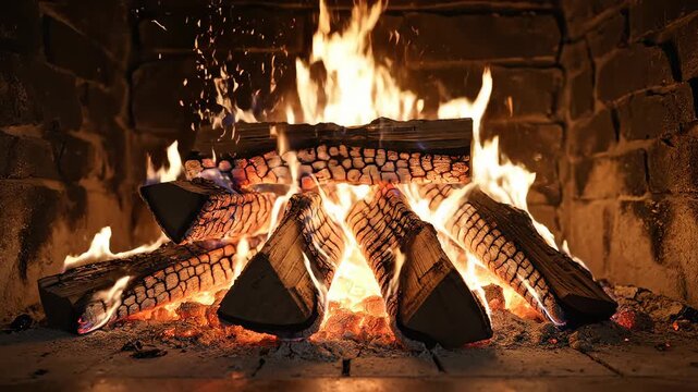 Wood burning in a stone fireplace ideal for sleek commercial backgrounds and title sequences
