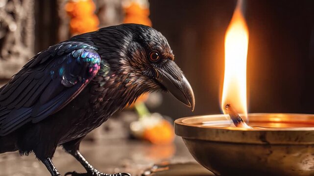 Black Crow Near Lit Diya Oil Lamp for Shani Jayanti Ritual
