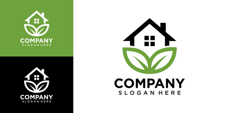 A company logo featuring a house with leaves is displayed on a green and white background next to its variations.