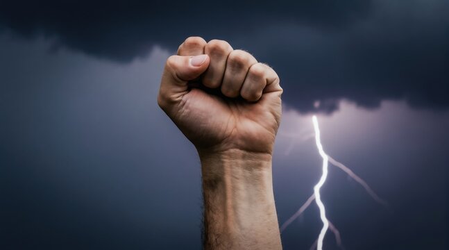 Human fist raised against stormy sky with lightning strike. Symbol of strength, power, defiance, protest and action. Represents overcoming challenges during bad weather.