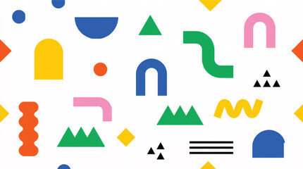 Fototapeta premium Bauhaus style geometric pattern vector, colorful abstract shapes on white background, playful minimalist graphic elements for modern branding