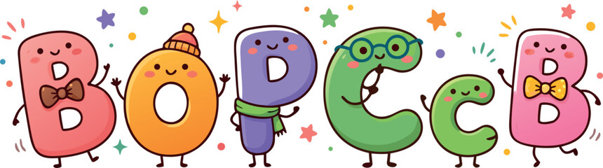 Cute Colorful Alphabet Letter Characters Set Featuring B U P C And B With Bowties And Glasses Vector Illustration © MdMojnu