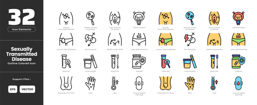 Sexually Transmitted Disease Icon Set Collection - Outline Line Art Style. Containing Antibiotics, Microbes Examination, Blood Test, High Temperature, Lower Abdominal Pain, Pain Sexual Intercourse.