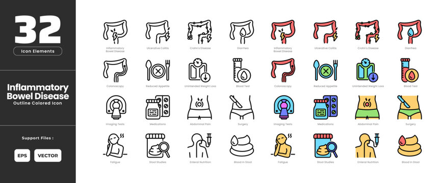 Inflammatory Bowel Disease Icon Set Collection - Outline Line Art Style. Containing Abdominal Pain, Blood in Stool, Blood Test, Colonoscopy, Crohn's Disease, Diarrhea, Enteral Nutrition, Fatigue.