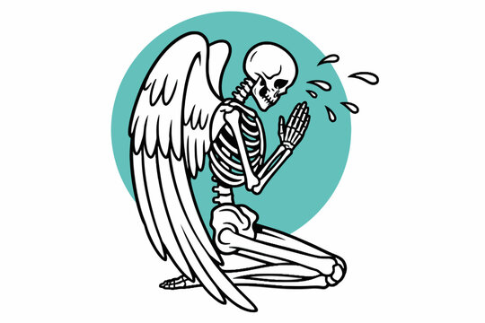 Praying Winged Skeleton Kneeling Illustration on Teal Circle