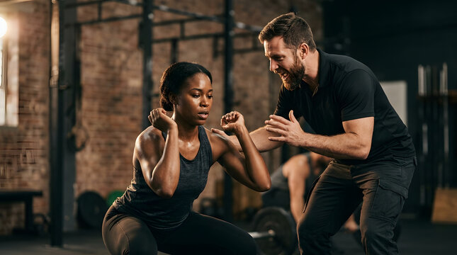 Personal trainer motivating a young woman during a squat exercise in a gym