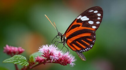 Obraz premium Ismenius tiger butterfly (heliconius ismenius) pollinating vibrant tropical flower in natural rainforest habitat, detailed orange and black patterned wings, exotic wildlife macro close up with colorfu