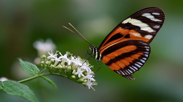 Ismenius tiger butterfly (heliconius ismenius) pollinating vibrant tropical flower in natural rainforest habitat, detailed orange and black patterned wings, exotic wildlife macro close up with colorfu