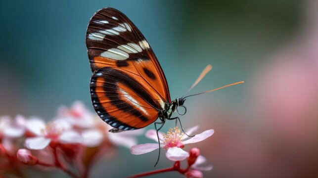 Ismenius tiger butterfly (heliconius ismenius) pollinating vibrant tropical flower in natural rainforest habitat, detailed orange and black patterned wings, exotic wildlife macro close up with colorfu