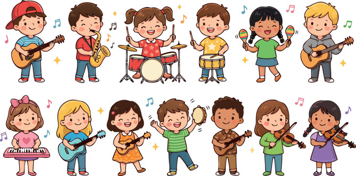 Cute Diverse Group Of Children Playing Various Musical Instruments In A School Band Vector Cartoon Illustration