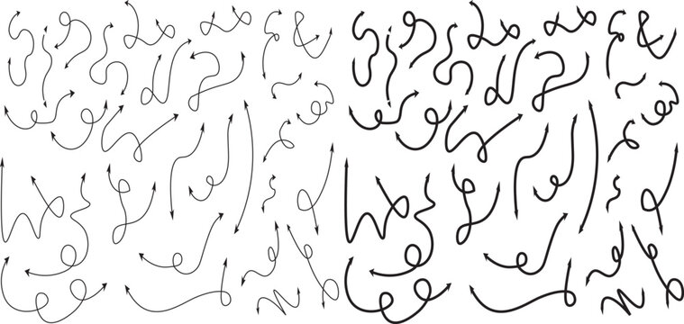 Set of hand drawn curved and dotted directional arrow vectors Collection. minimalist dashed arrow and navigation symbol, versatile vector graphics. dashed curved arrows drawing.
