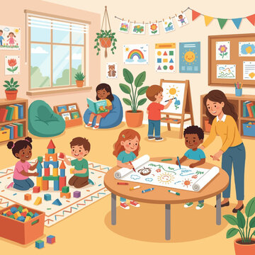 Children Learning and Playing in Colorful Classroom Environment