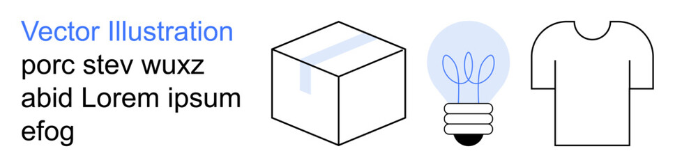 Packaging, clothing design, creativity, e-commerce, branding, product marketing. Minimalist outlines of box, light bulb and T-shirt. Packaging and creativity concept © robu_s