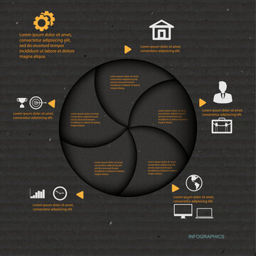 5-Step Modern Charcoal Infographic. Professional Vector Template with Interlocking Spiral Aperture, Kraft Paper Texture, and Industrial Business Icons.