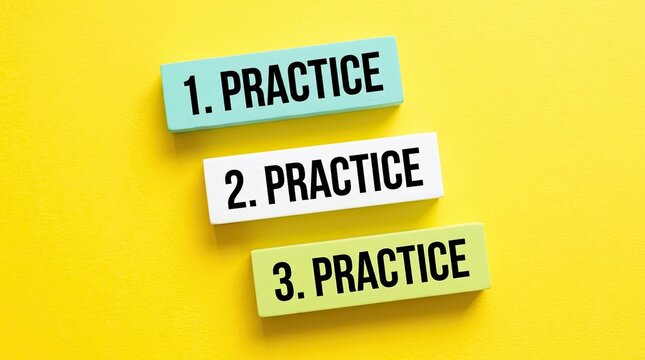 Three colorful wooden blocks showing the word practice listed in a simple orderly sequence for growth