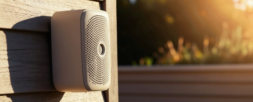 Modern outdoor speaker mounted on wood wall, bathed in warm sunlight. Its clean design offers audio for patios or gardens, blending tech with nature.