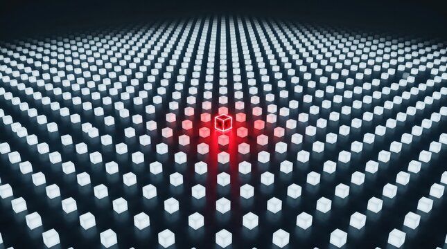 A single red pixel stands out in a sea of white pixels on a black background symbolizing uniqueness and anomaly
