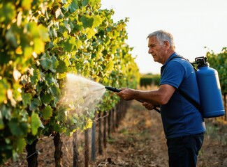 Naklejka premium Senior farmer sprays grape vines with pesticide from backpack sprayer. Man works in vineyard during sunny day, cares for plants. Organic farming process for healthy produce.