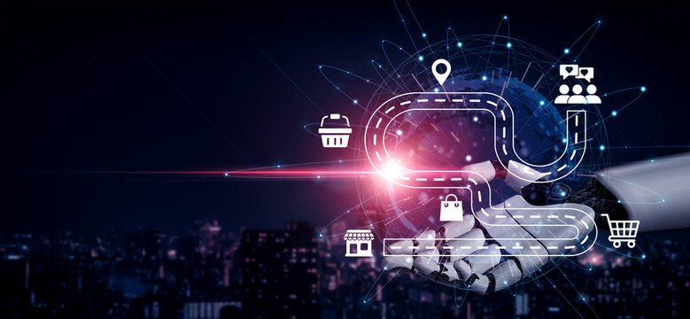 A futuristic robotic hand showcases digital symbols of connectivity and logistics, highlighting advanced transportation solutions within a smart city environment. Ledger