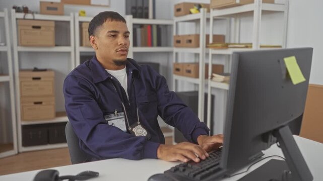 Man detective typing at keyboard with badge and lanyard visible in investigation building, hands on keys, monitoring case files; fatigue duty.