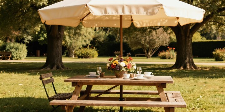 Wooden picnic table set for lunch under large umbrella in sunny park. Floral arrangement adorns table with cups and glasses. Chairs placed for outdoor dining.