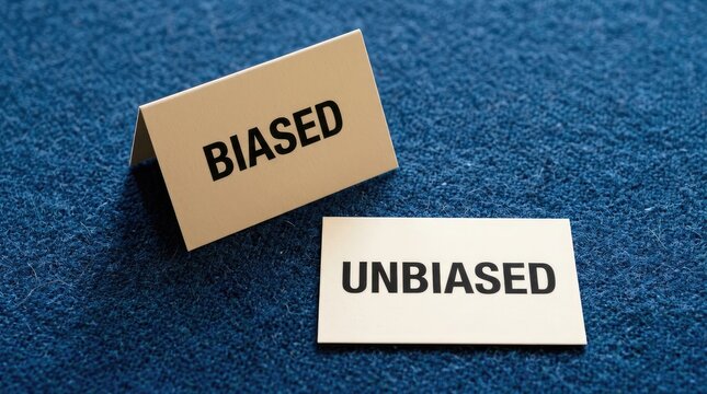 Small paper signs with printed labels biased and unbiased sitting together on a blue surface