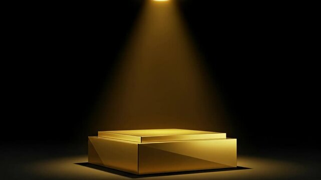 Empty golden pedestal illuminated by spotlight on black background. Luxurious stage for product display. Premium exhibit stand for marketing and commercial showcase.