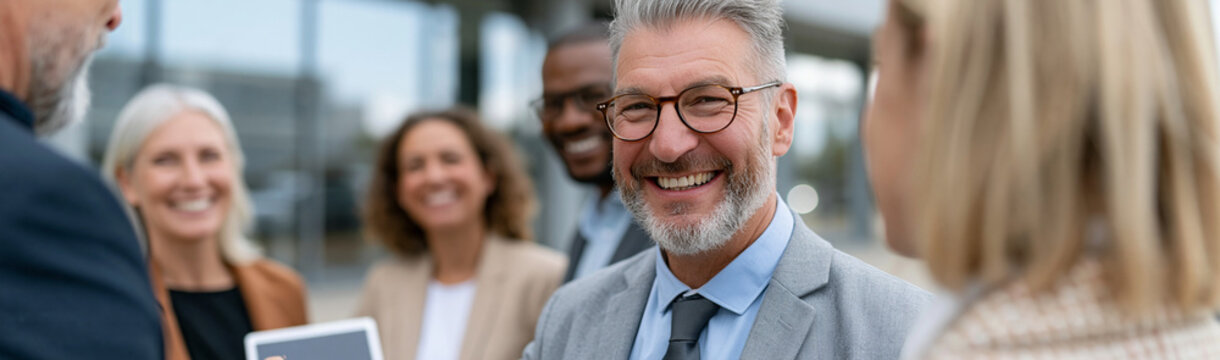 Smiling Businesspeople Gathering: A group of smiling business professionals gather outdoors. Capturing the essence of teamwork and collaboration. 