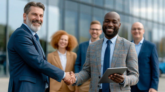 Business Partnership: two professionals shaking hands, sealing a deal, with their colleagues smiling in the background against a modern office building, symbolizing collaboration, agreement.