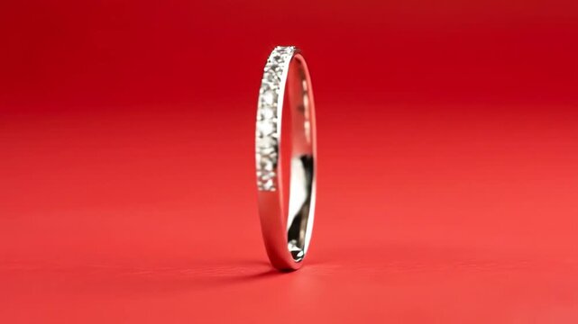 Diamond ring spinning on a red background. Luxurious wedding band rotating to showcase jewelry craftsmanship. Elegant accessory for engagement or celebration event.