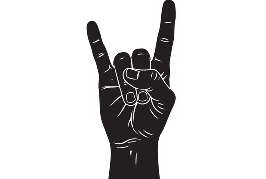 Hand making devil horns gesture in black and white illustration on plain background for music festival