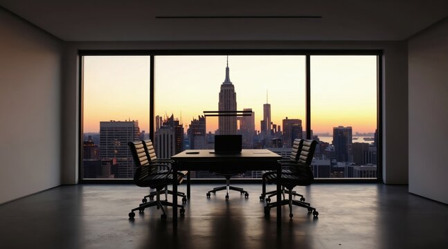 Modern empty office with cityscape sunset view. Desk with laptop, chairs face tall buildings, Empire State Building visible. Professional meeting space.