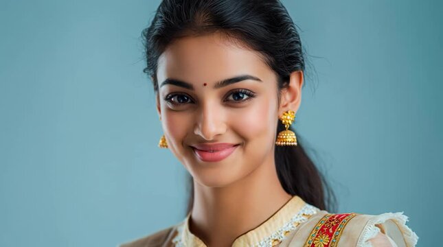 Indian woman in traditional clothing with gold earring and bindi, smiling in saree portrait, serene young adult elegance on blue background