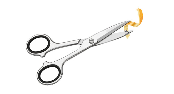 Scissors cutting yellow curved material.