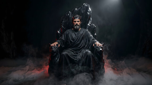 Powerful dark king or god sitting on a black obsidian throne flanked by hound statues in a smoky, atmospheric fantasy underworld.