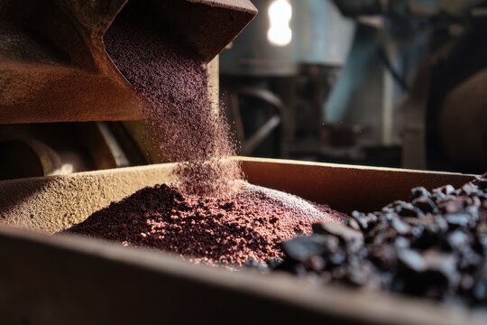 Industrial process showing reddish brown granular material being poured into a bin