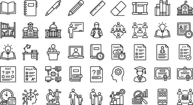 Set of education and school line icons including books students learning tools classroom elements and academic activities vector illustration