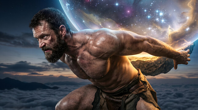 Powerful bearded man carrying a glowing celestial sphere of the universe on his back like the mythological Titan Atlas above clouds.