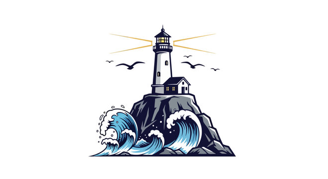 Illustration of a lighthouse on rocky coastline with waves and seagulls flying.