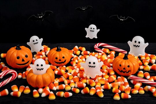 Halloween background featuring candy corn, mini pumpkins, ghosts, bats, and candy canes on a black table.