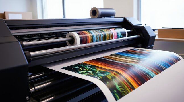 Large format printer creates colorful graphic image on paper roll. Pro print shop equipment works, producing visual art. Detailed printout emerges from modern machine.